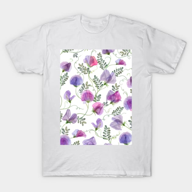 Sweet pea watercolor flowers and leaves seamless translucent composition. Transparent floral spring romantic bouquets T-Shirt by likapix